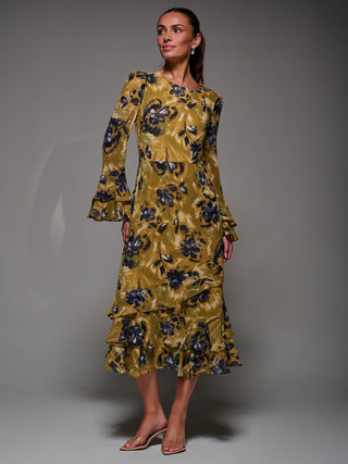 Long Sleeve Frill Chiffon Midaxi Dress Yellow Floral