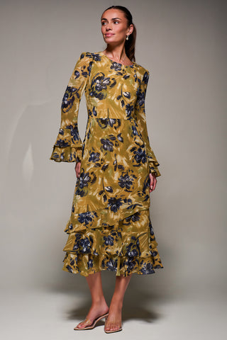 Long Sleeve Frill Chiffon Midaxi Dress Yellow Floral
