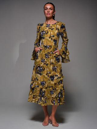 Long Sleeve Frill Chiffon Midaxi Dress Yellow Floral