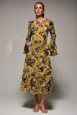 Long Sleeve Frill Chiffon Midaxi Dress Yellow Floral