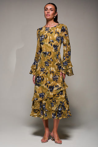 Long Sleeve Frill Chiffon Midaxi Dress Yellow Floral