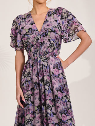 Chiffon Layered Sleeve Ruffle Hem Midaxi, Black Floral
