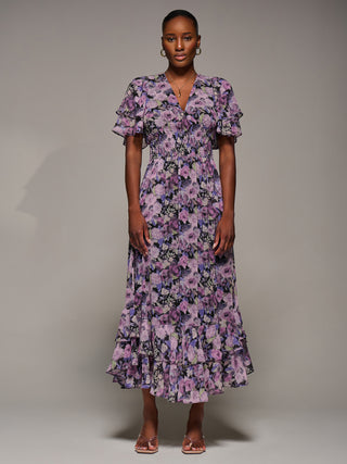 Chiffon Layered Sleeve Ruffle Hem Midaxi, Black Floral