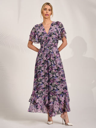 Chiffon Layered Sleeve Ruffle Hem Midaxi, Black Floral