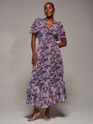 Chiffon Layered Sleeve Ruffle Hem Midaxi, Black Floral