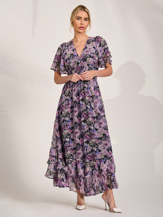Chiffon Layered Sleeve Ruffle Hem Midaxi, Black Floral