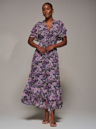 Chiffon Layered Sleeve Ruffle Hem Midaxi, Black Floral
