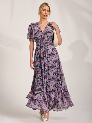 Chiffon Layered Sleeve Ruffle Hem Midaxi, Black Floral