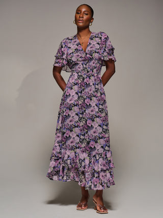 Chiffon Layered Sleeve Ruffle Hem Midaxi, Black Floral