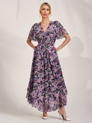 Chiffon Layered Sleeve Ruffle Hem Midaxi, Black Floral