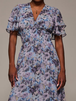 Chiffon Layered Sleeve Ruffle Hem Midaxi, Blue Floral