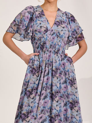Chiffon Layered Sleeve Ruffle Hem Midaxi, Blue Floral