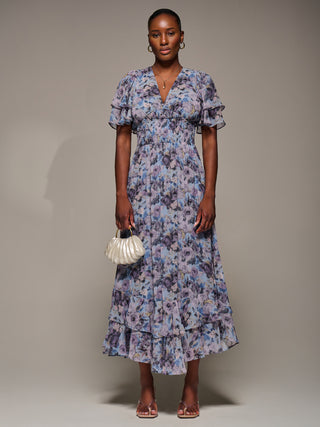Chiffon Layered Sleeve Ruffle Hem Midaxi, Blue Floral