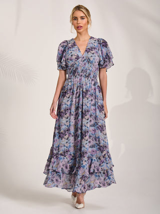 Chiffon Layered Sleeve Ruffle Hem Midaxi, Blue Floral