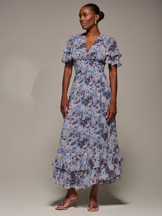 Chiffon Layered Sleeve Ruffle Hem Midaxi, Blue Floral