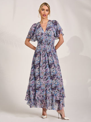 Chiffon Layered Sleeve Ruffle Hem Midaxi, Blue Floral