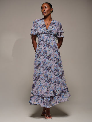 Chiffon Layered Sleeve Ruffle Hem Midaxi, Blue Floral