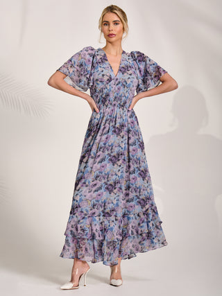 Chiffon Layered Sleeve Ruffle Hem Midaxi, Blue Floral