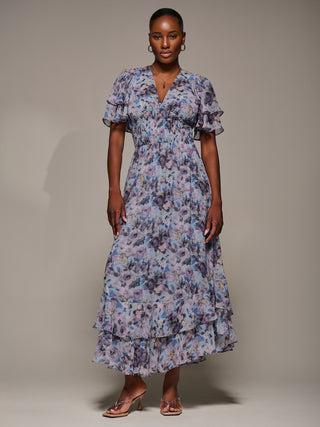 Chiffon Layered Sleeve Ruffle Hem Midaxi, Blue Floral