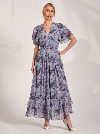 Chiffon Layered Sleeve Ruffle Hem Midaxi, Blue Floral