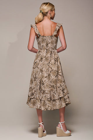 Shirred Ruffle Sleeve Tiered Midi Dress, Brown Abstract