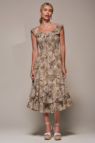 Shirred Ruffle Sleeve Tiered Midi Dress, Brown Abstract