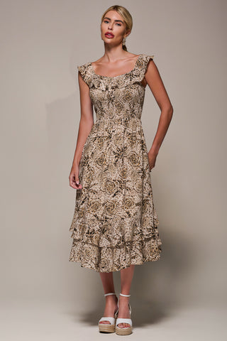 Shirred Ruffle Sleeve Tiered Midi Dress, Brown Abstract