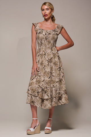 Shirred Ruffle Sleeve Tiered Midi Dress, Brown Abstract