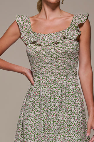 Shirred Ruffle Sleeve Tiered Midi Dress, Green Floral
