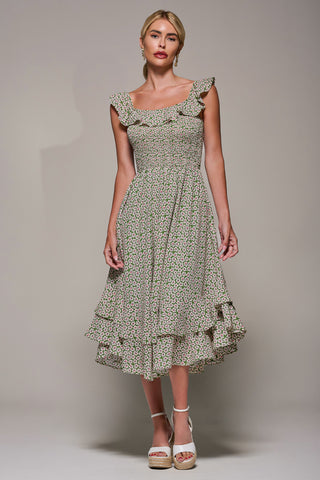 Shirred Ruffle Sleeve Tiered Midi Dress, Green Floral
