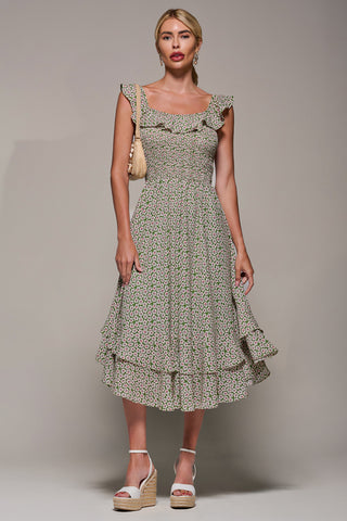 Shirred Ruffle Sleeve Tiered Midi Dress, Green Floral