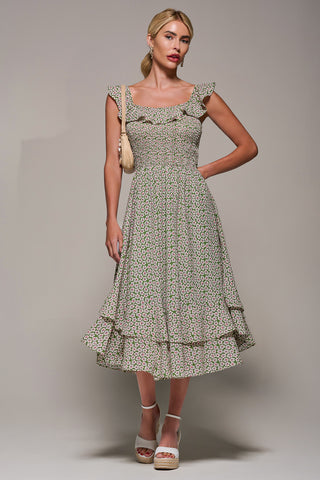 Shirred Ruffle Sleeve Tiered Midi Dress, Green Floral