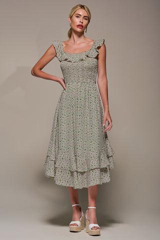 Shirred Ruffle Sleeve Tiered Midi Dress, Green Floral – Jolie Moi Retail