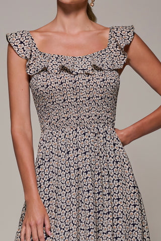 Shirred Ruffle Sleeve Tiered Midi Dress, Navy Floral