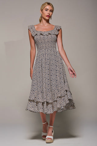Shirred Ruffle Sleeve Tiered Midi Dress, Navy Floral
