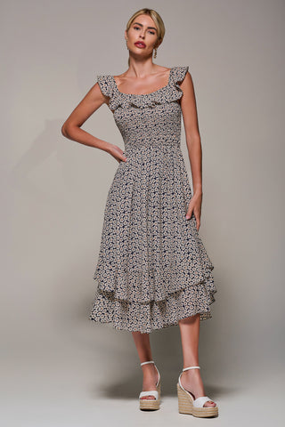 Shirred Ruffle Sleeve Tiered Midi Dress, Navy Floral