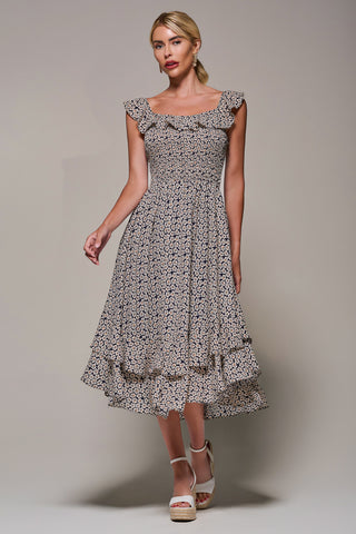 Shirred Ruffle Sleeve Tiered Midi Dress, Navy Floral