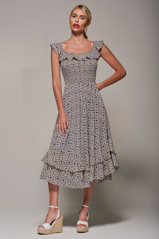 Shirred Ruffle Sleeve Tiered Midi Dress, Navy Floral Jolie Moi Retail Shirred Ruffle Sleeve Tiered Midi Dress, Navy Floral Jolie Moi Retail