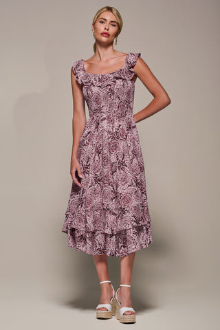 Shirred Ruffle Sleeve Tiered Midi Dress, Pink Abstract