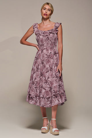 Shirred Ruffle Sleeve Tiered Midi Dress, Pink Abstract