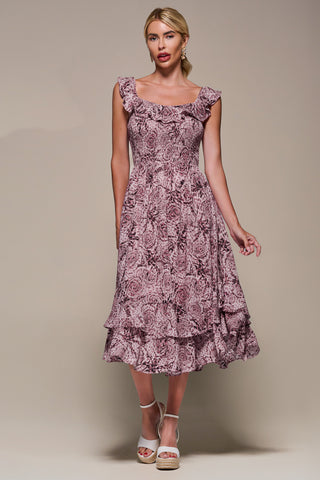 Shirred Ruffle Sleeve Tiered Midi Dress, Pink Abstract