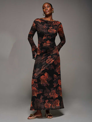 Long Sleeve Slash Neck Maxi Dress, Amber Haze