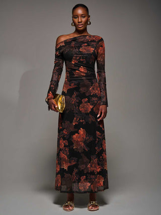 Long Sleeve Slash Neck Maxi Dress, Amber Haze