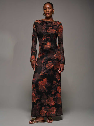 Long Sleeve Slash Neck Maxi Dress, Amber Haze