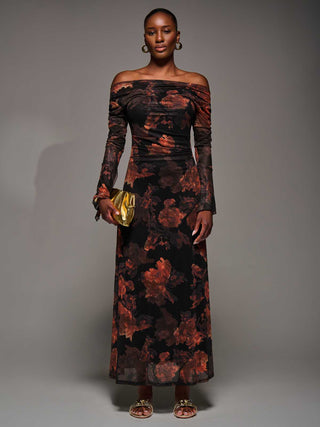 Long Sleeve Slash Neck Maxi Dress, Amber Haze