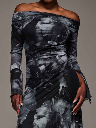 Long Sleeve Slash Neck Maxi Dress, Black Abstract