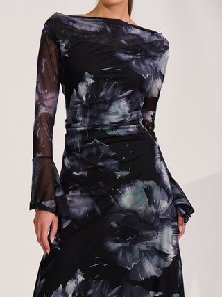 Long Sleeve Slash Neck Maxi Dress, Black Abstract