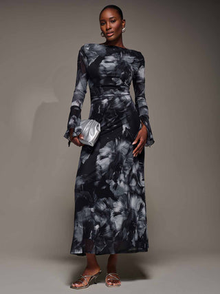 Long Sleeve Slash Neck Maxi Dress, Black Abstract