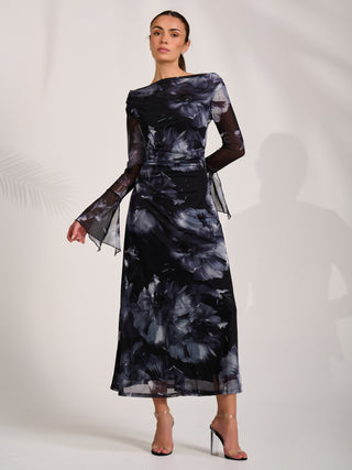 Long Sleeve Slash Neck Maxi Dress, Black Abstract