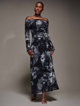 Long Sleeve Slash Neck Maxi Dress, Black Abstract